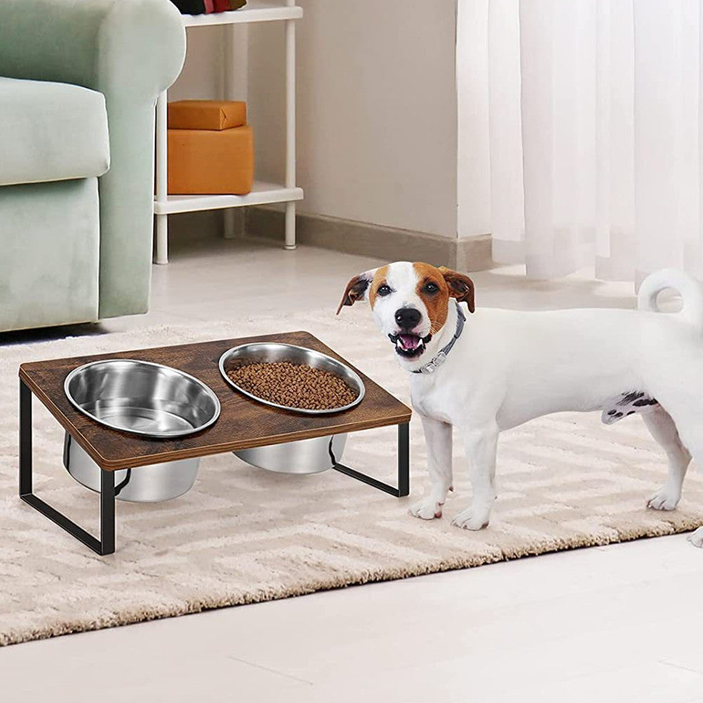 Iron Wood Pet Feeding Rack With Cat Bowls