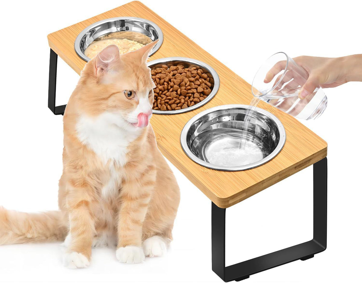 Iron Wood Pet Feeding Rack With Cat Bowls