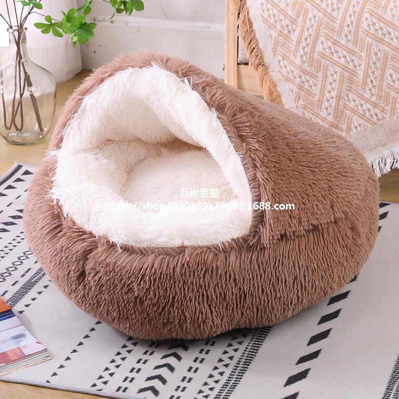 Semi Enclosed Plush Round Pet Bed For Sleep