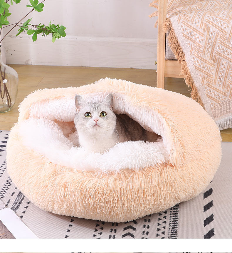 Semi Enclosed Plush Round Pet Bed For Sleep