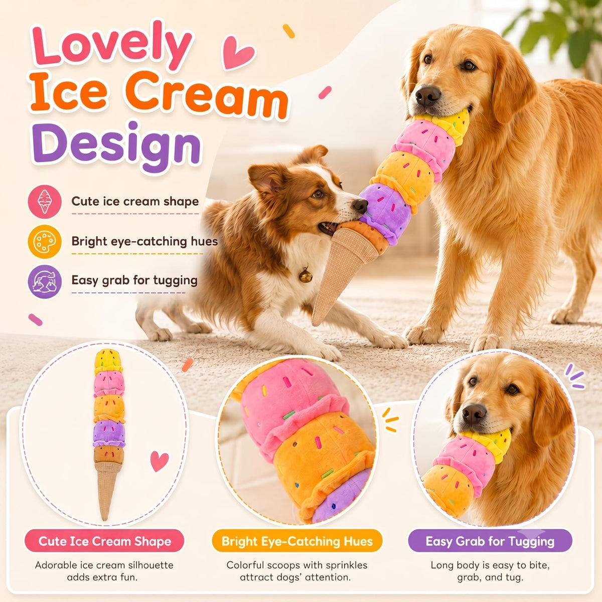 Rainbow Ice Cream Plush Squeaky Tug Dog Toy
