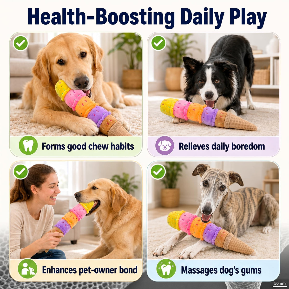 Rainbow Ice Cream Plush Squeaky Tug Dog Toy