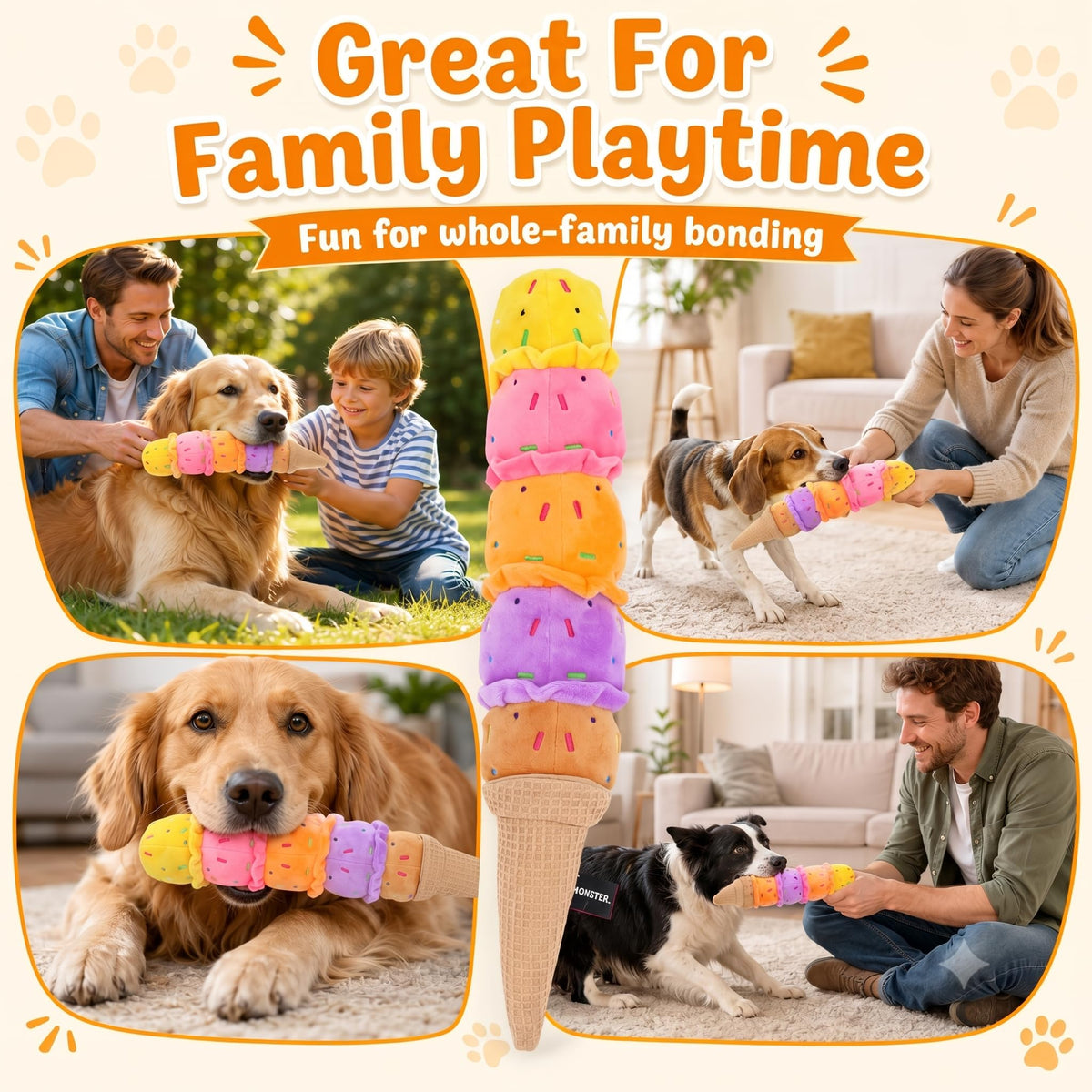 Rainbow Ice Cream Plush Squeaky Tug Dog Toy