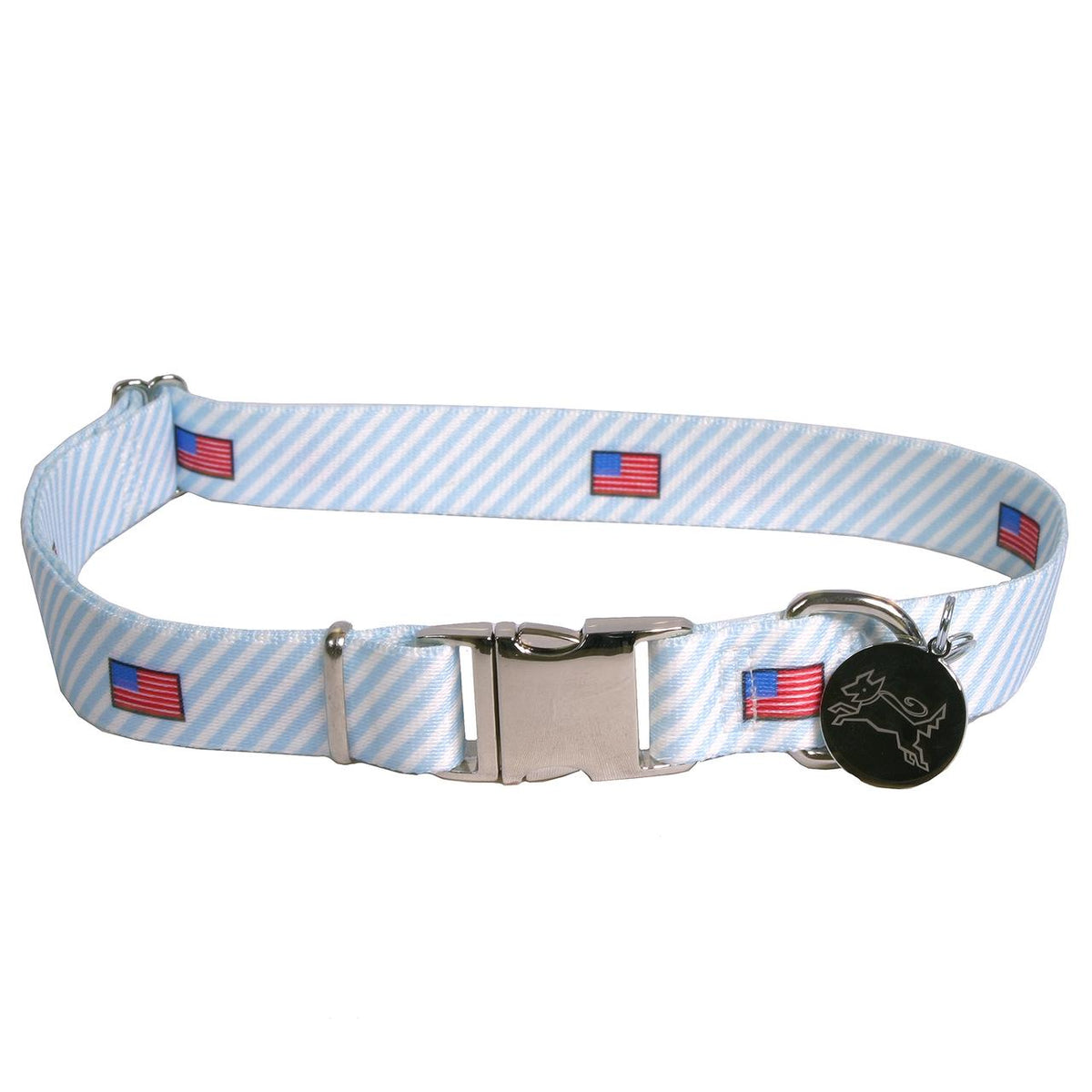 Southern Dawg Seersucker Blue with American Flags Premium Dog Collar