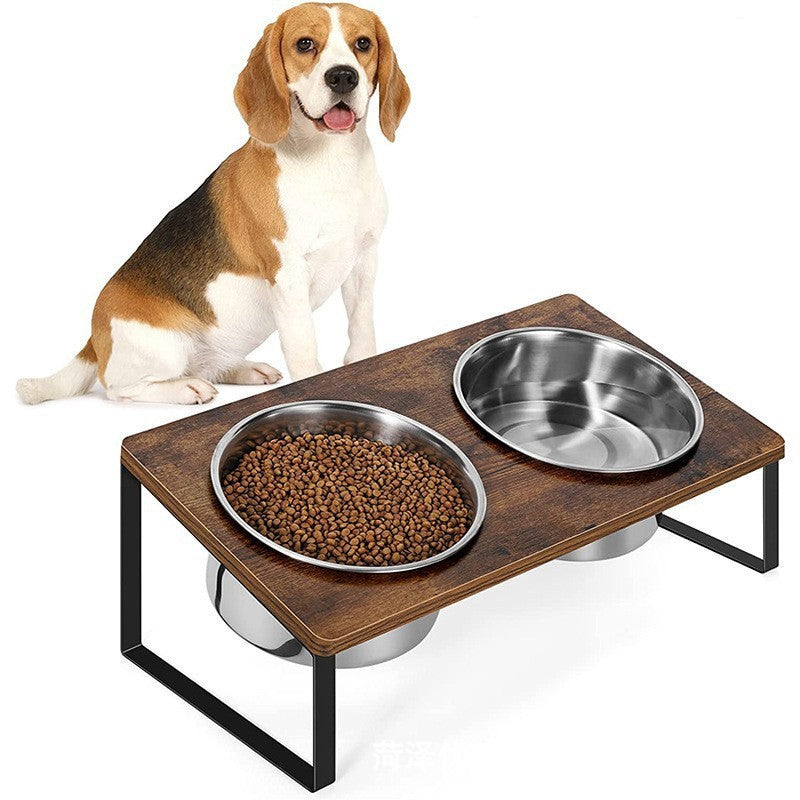 Iron Wood Pet Feeding Rack With Cat Bowls