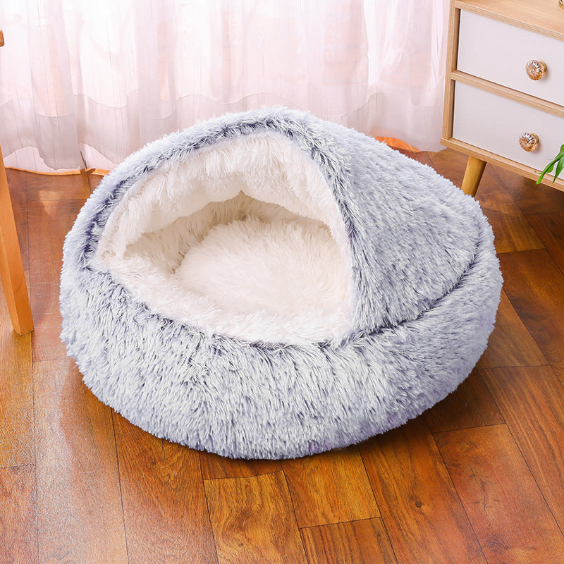 Semi Enclosed Plush Round Pet Bed For Sleep