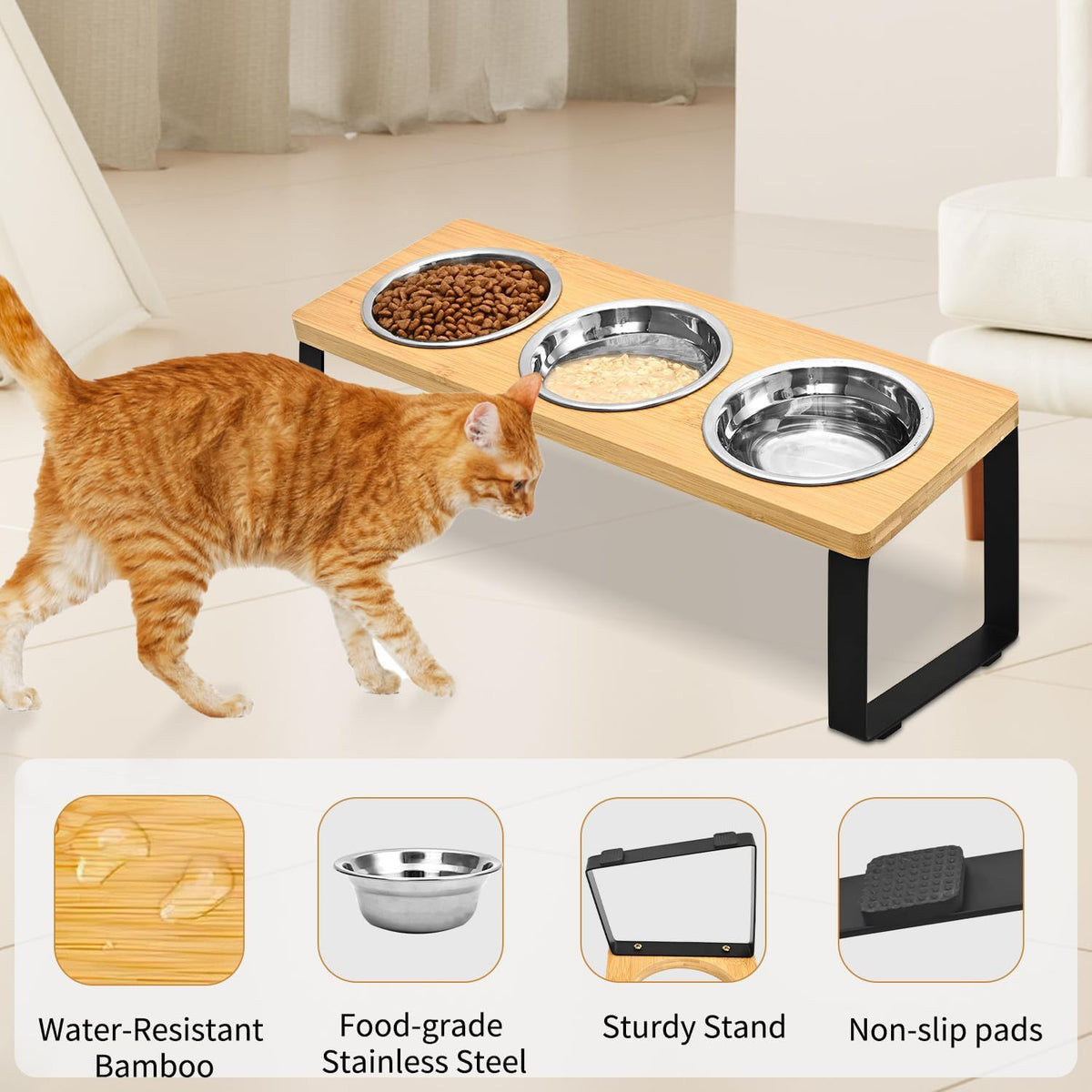 Iron Wood Pet Feeding Rack With Cat Bowls