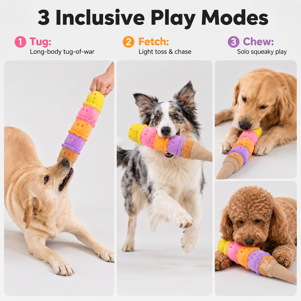 Rainbow Ice Cream Plush Squeaky Tug Dog Toy