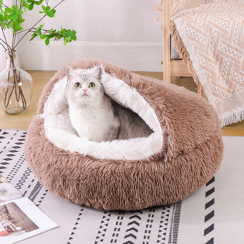 Semi Enclosed Plush Round Pet Bed For Sleep