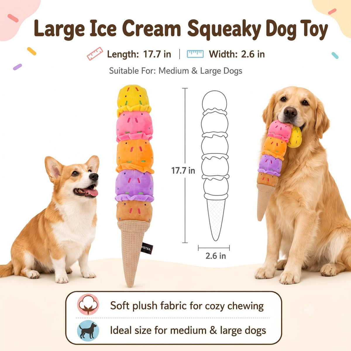 Rainbow Ice Cream Plush Squeaky Tug Dog Toy